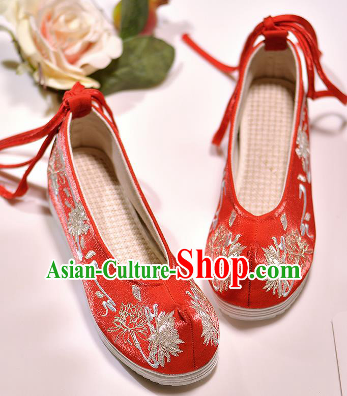 Asian Chinese Embroidered Epiphyllum Red Satin Shoes Hanfu Shoes Traditional Opera Shoes Princess Shoes for Women