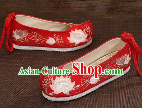 Asian Chinese Embroidered Lotus Red Bow Shoes Hanfu Shoes Traditional Opera Shoes Princess Shoes for Women