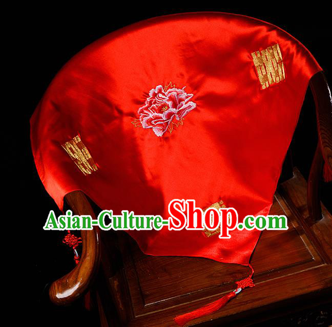 Chinese Traditional Wedding Embroidered Peony Red Veil Cover Ancient Bride Headdress for Women