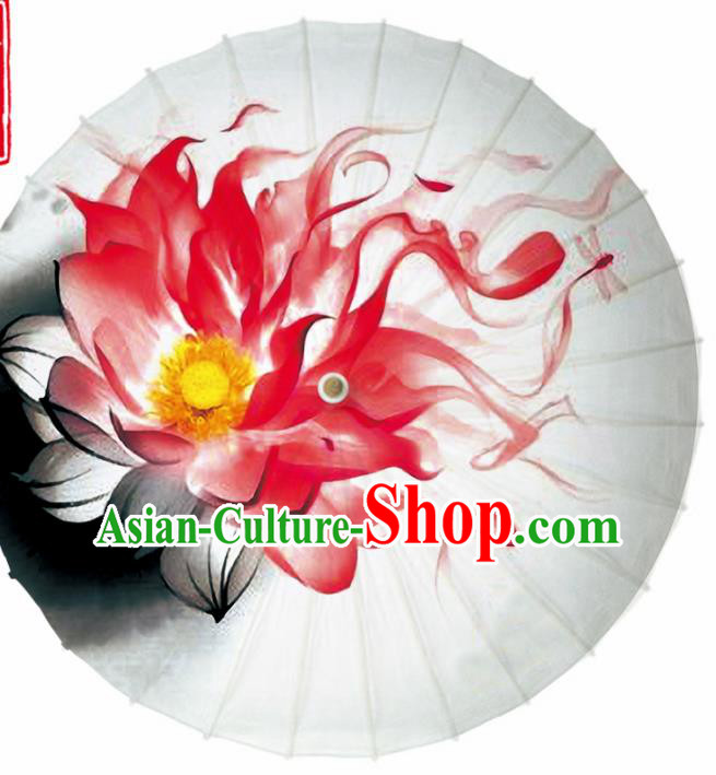 Chinese Traditional Printing Red Lotus Oil Paper Umbrella Artware Paper Umbrella Classical Dance Umbrella Handmade Umbrellas
