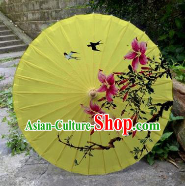 Chinese Printing Flowers Yellow Oil Paper Umbrella Artware Paper Umbrella Traditional Classical Dance Umbrella Handmade Umbrellas