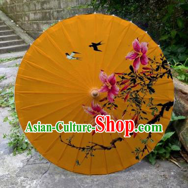 Chinese Printing Flowers Orange Oil Paper Umbrella Artware Paper Umbrella Traditional Classical Dance Umbrella Handmade Umbrellas