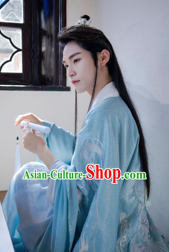 Chinese Ancient Prince Blue Costumes Traditional Ming Dynasty Nobility Childe Clothing for Men