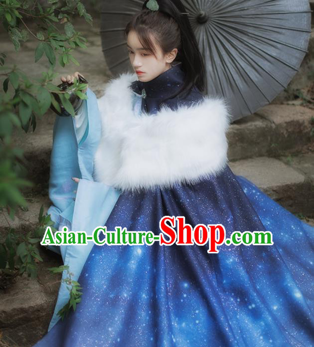 Chinese Drama Ancient Hanfu Blue Cloak Traditional Ming Dynasty Princess Costume for Women