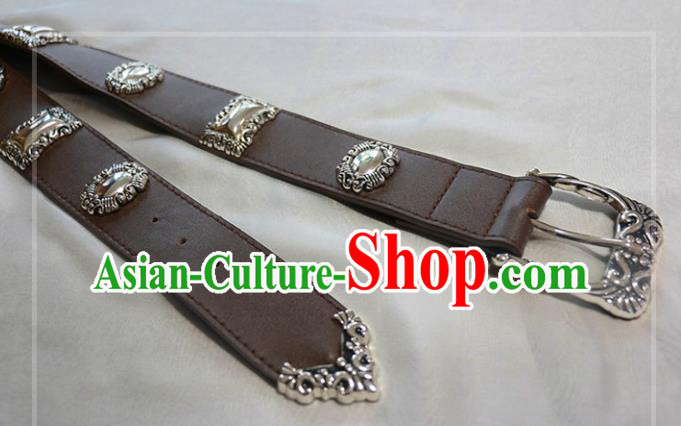 Chinese Cosplay Swordsman Brown Leather Belt Ancient Tang Dynasty Waistband for Men