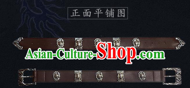 Chinese Cosplay Swordsman Brown Leather Belt Ancient Tang Dynasty Waistband for Men