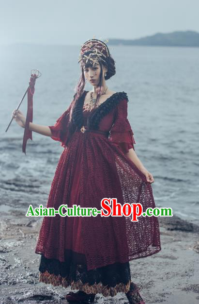 Top Grade Cosplay Queen Wine Red Dress Halloween Magic Princess Costume for Women