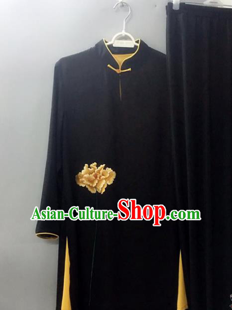 Chinese Traditional Tai Chi Training Embroidered Yellow Peony Velvet Costumes Martial Arts Performance Outfits for Women