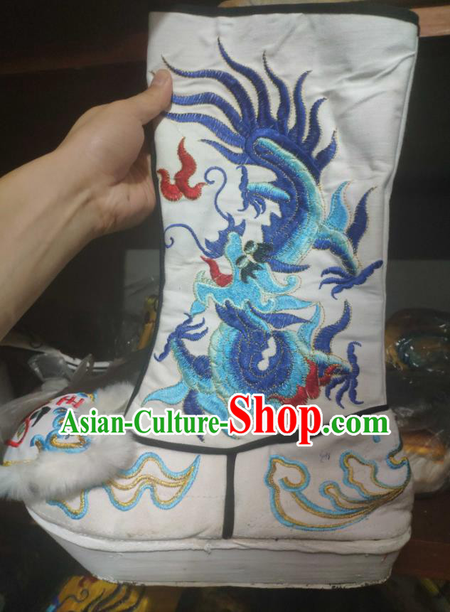 Chinese Traditional Beijing Opera Embroidered Dragon White Boots Peking Opera Takefu Shoes for Men