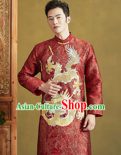 Chinese Traditional Wedding Tang Suit Costumes Ancient Bridegroom Embroidered Red Long Gown for Men