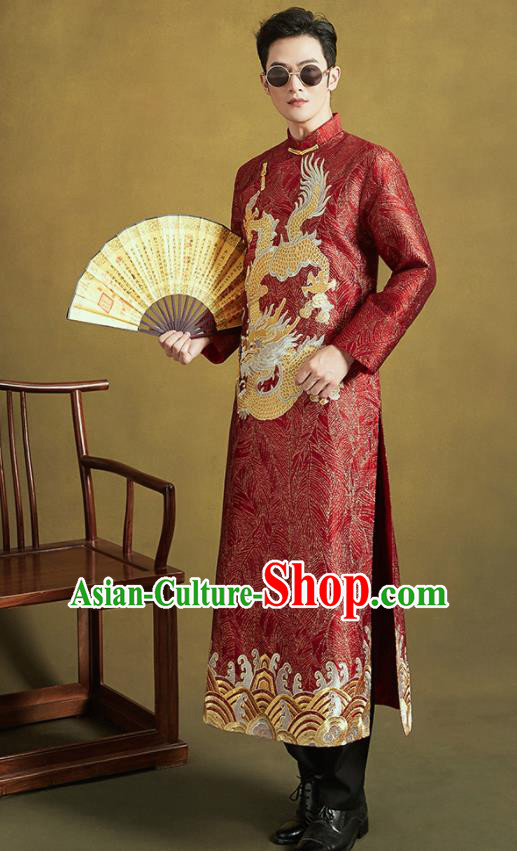 Chinese Traditional Wedding Tang Suit Costumes Ancient Bridegroom Embroidered Red Long Gown for Men
