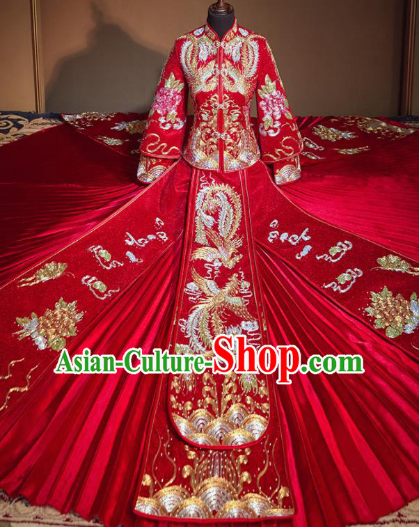 Chinese Traditional Drilling Red Xiu He Suit Embroidered Phoenix Wedding Dress Ancient Bride Costumes for Women