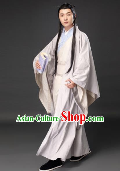 Chinese Ancient Scholar Xu Xian White Clothing Traditional Song Dynasty Civilian Costumes for Men