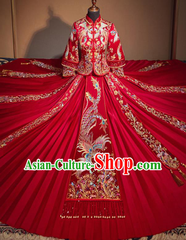 Chinese Traditional Wedding Xiu He Suit Embroidered Phoenix Jacket and Dress Ancient Bride Costumes for Women
