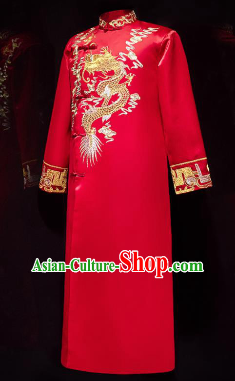 Chinese Ancient Bridegroom Embroidered Dragon Red Long Gown Traditional Wedding Tang Suit Costumes for Men
