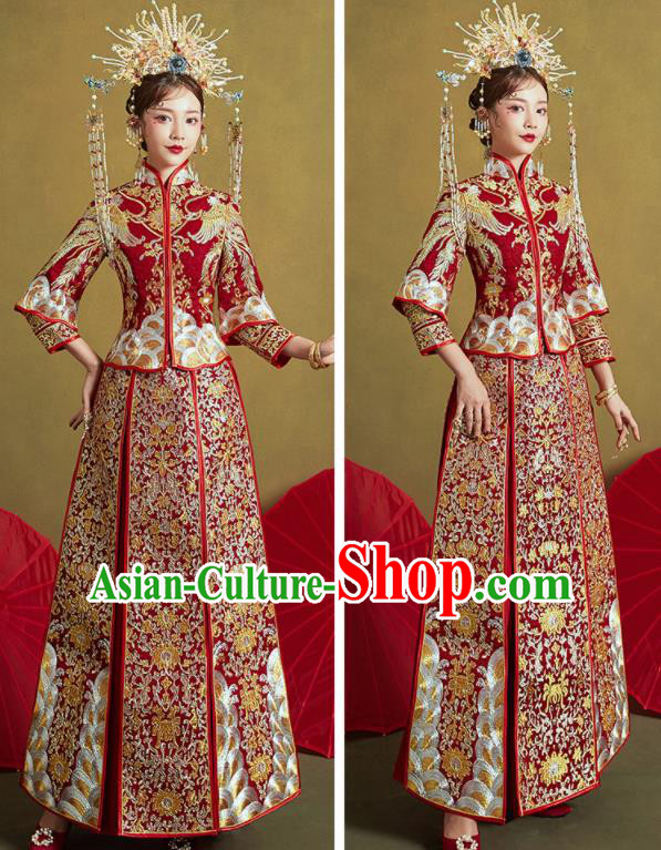 Chinese Traditional Wedding Embroidered Phoenix Lotus Xiu He Suit Red Blouse and Dress Ancient Bride Costumes for Women