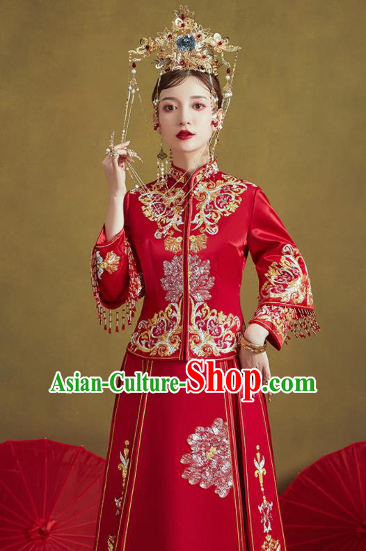 Chinese Traditional Embroidered Wedding Xiu He Suit Red Blouse and Dress Ancient Bride Costumes for Women