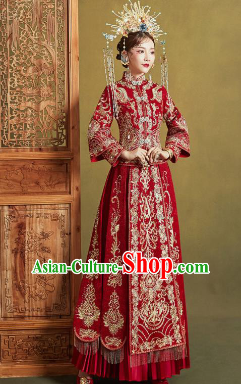 Chinese Traditional Embroidered Wedding Drilling Xiu He Suit Red Blouse and Dress Ancient Bride Costumes for Women
