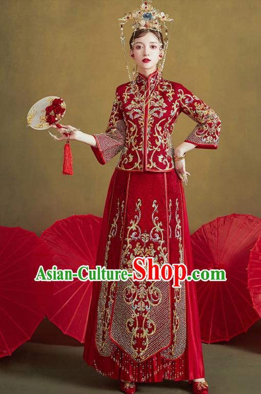 Chinese Traditional Embroidered Wedding Red Drilling Xiu He Suit Blouse and Tassel Dress Ancient Bride Costumes for Women