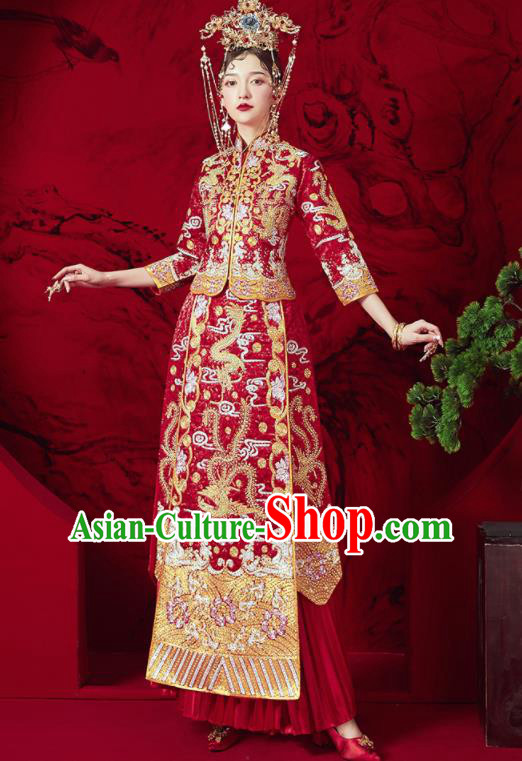 Chinese Traditional Wedding Embroidered Phoenix Plum Red Xiu He Suit Blouse and Dress Ancient Bride Costumes for Women