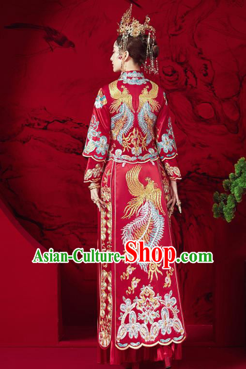 Chinese Traditional Wedding Embroidered Phoenix Xiu He Suit Blouse and Dress Ancient Bride Costumes for Women