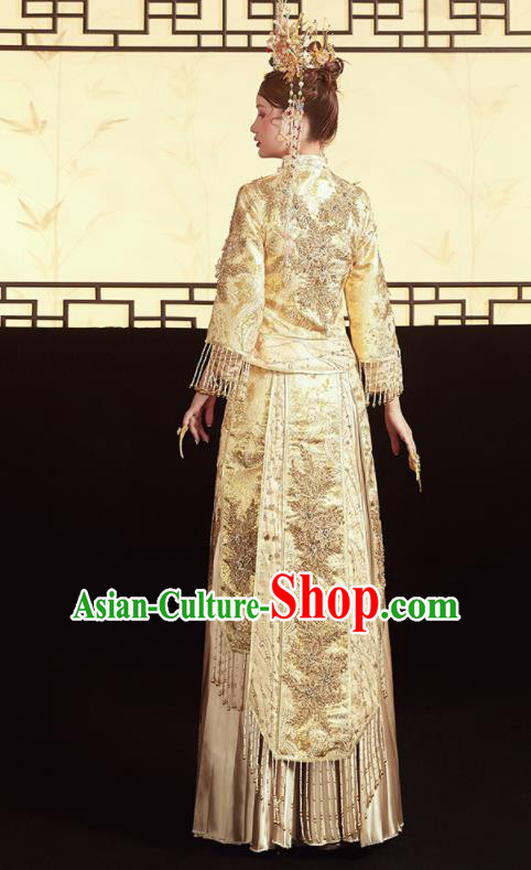 Chinese Traditional Wedding Bottom Drawer Golden Xiu He Suit Embroidered Red Blouse and Dress Ancient Bride Costumes for Women