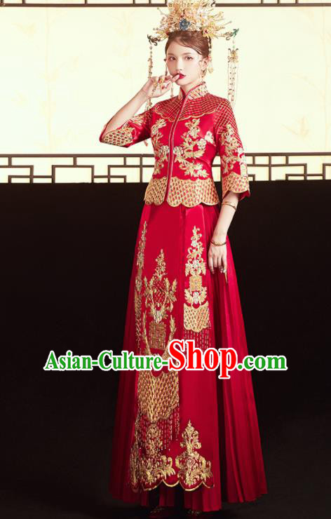 Chinese Traditional Wedding Red Bottom Drawer Xiu He Suit Embroidered Blouse and Dress Ancient Bride Costumes for Women