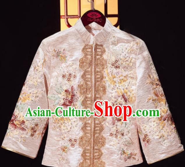 Chinese Traditional Wedding Embroidered Champagne Blouse and Dress Xiu He Suit Bottom Drawer Ancient Bride Costumes for Women