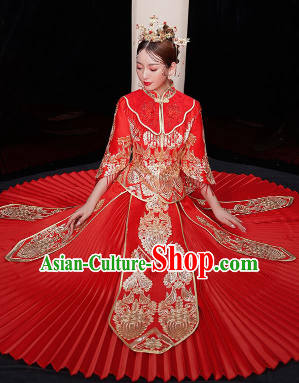Chinese Traditional Red Xiu He Suit Wedding Embroidered Blouse and Dress Bottom Drawer Ancient Bride Costumes for Women