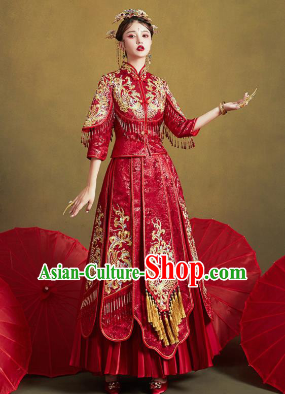 Chinese Traditional Wedding Bottom Drawer Embroidered Phoenix Blouse and Dress Xiu He Suit Ancient Bride Costumes for Women