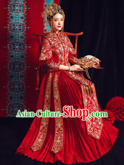 Chinese Traditional Bride Embroidered Xiu He Suit Wedding Red Blouse and Dress Bottom Drawer Ancient Costumes for Women