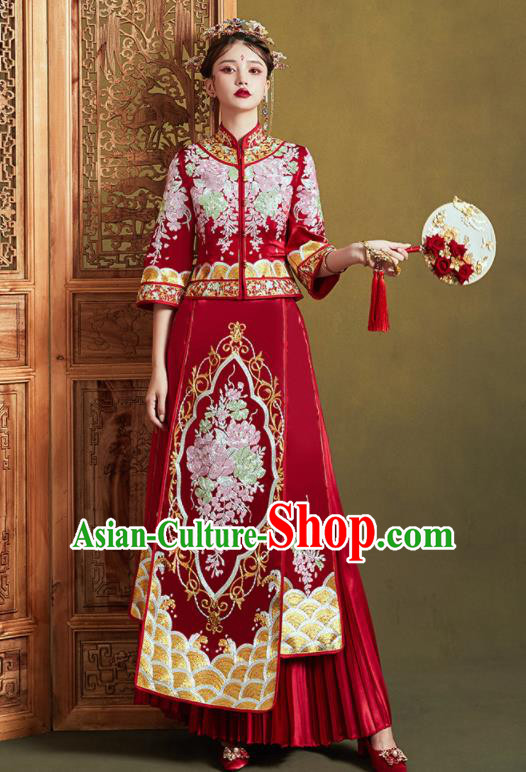 Chinese Traditional Wedding Bottom Drawer Embroidered Wisteria Blouse and Dress Xiu He Suit Ancient Bride Costumes for Women