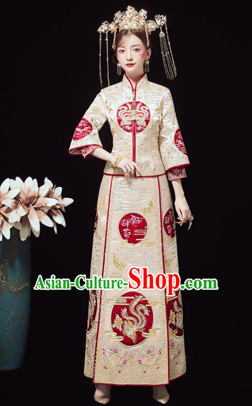 Chinese Traditional Bride Embroidered Drilling Phoenix Golden Xiu He Suit Wedding Blouse and Dress Bottom Drawer Ancient Costumes for Women