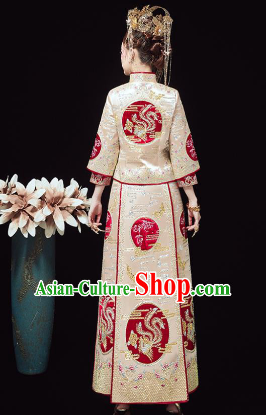 Chinese Traditional Bride Embroidered Drilling Phoenix Golden Xiu He Suit Wedding Blouse and Dress Bottom Drawer Ancient Costumes for Women