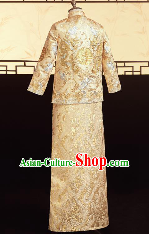 Chinese Ancient Bridegroom Golden Embroidered Dragons Mandarin Jacket and Pants Traditional Wedding Tang Suit Costumes for Men