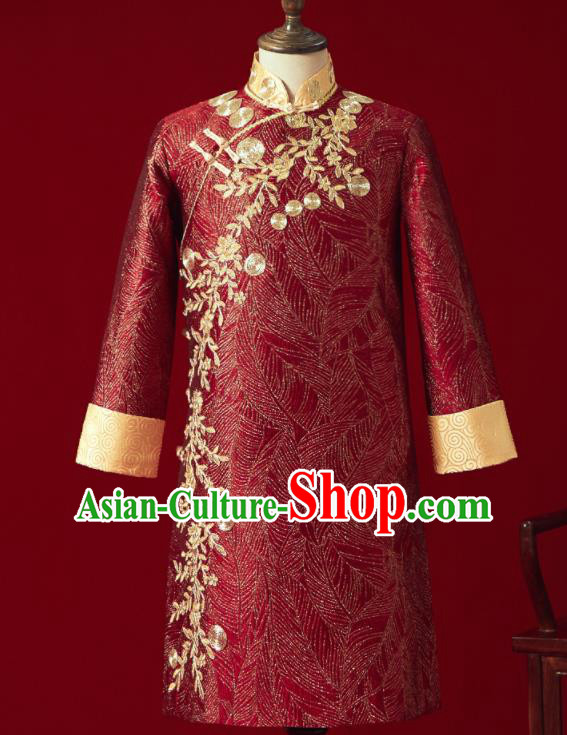 Chinese Ancient Bridegroom Embroidered Flowers Red Mandarin Jacket Traditional Wedding Tang Suit Costumes for Men