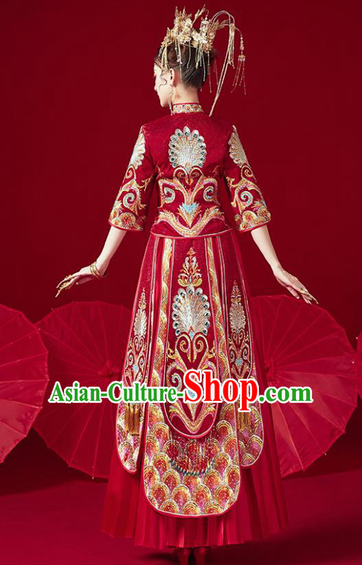 Chinese Traditional Ancient Bride Drilling Peacock Embroidered Costumes Red Xiu He Suit Wedding Blouse and Dress Bottom Drawer for Women