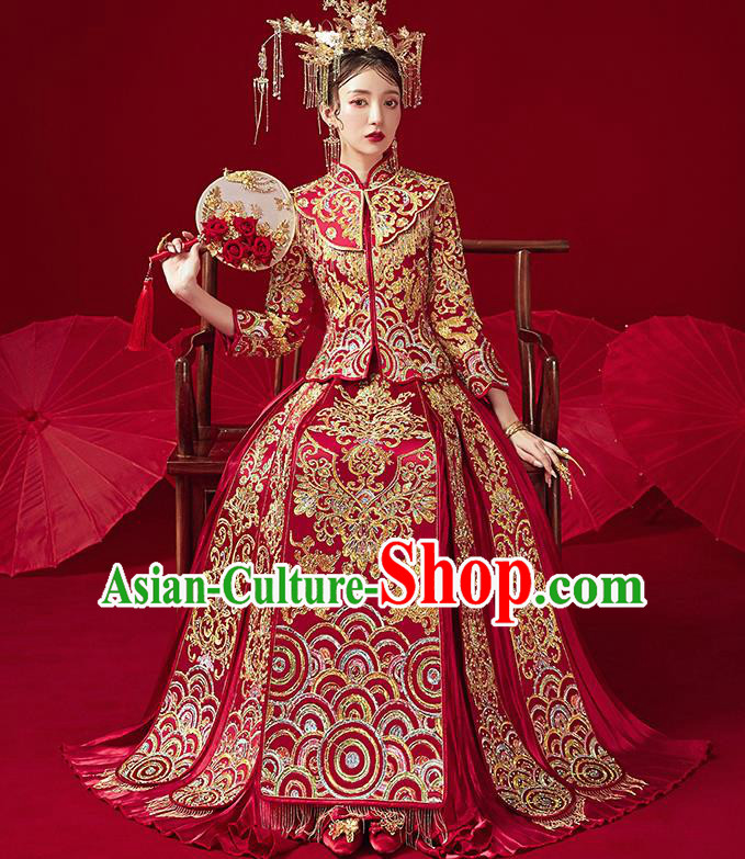 Chinese Ancient Bride Embroidered Drilling Costumes Red Xiu He Suit Wedding Blouse and Dress Traditional Bottom Drawer for Women