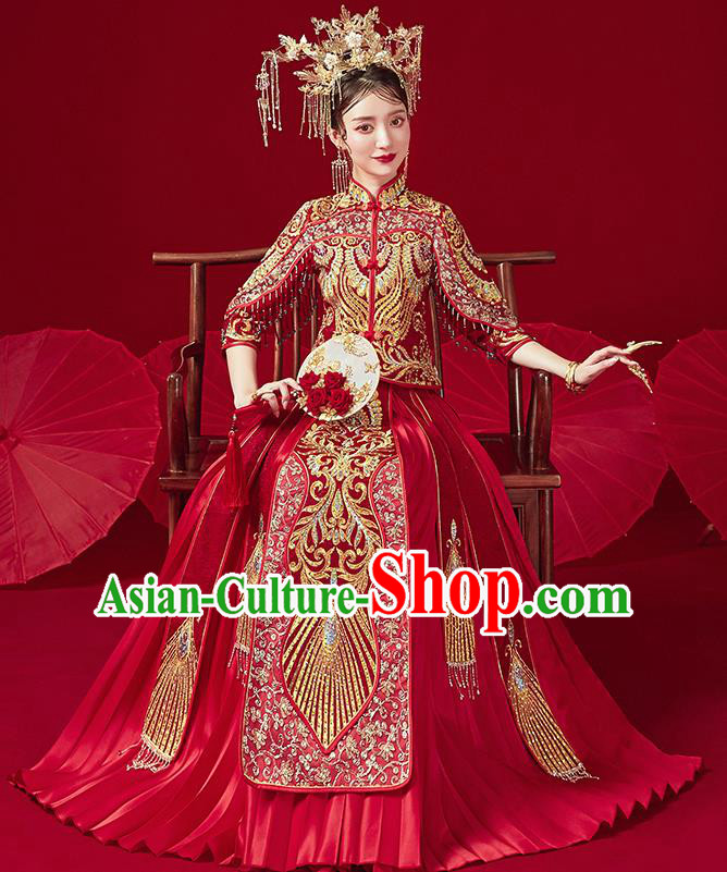 Chinese Traditional Ancient Bride Golden Drilling Embroidered Costumes Red Xiu He Suit Wedding Blouse and Dress Bottom Drawer for Women