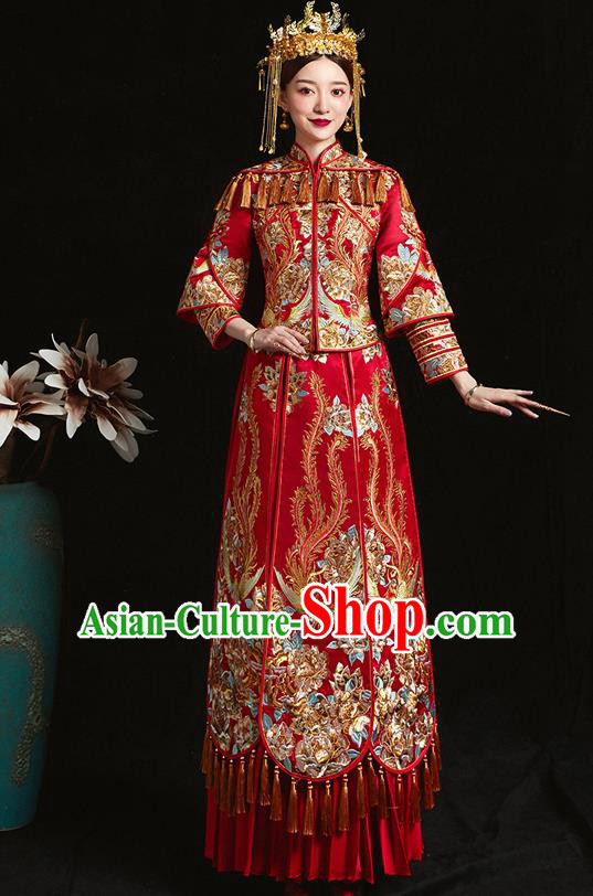 Chinese Ancient Bride Embroidered Phoenix Peony Red Costumes Xiu He Suit Wedding Blouse and Dress Traditional Bottom Drawer for Women