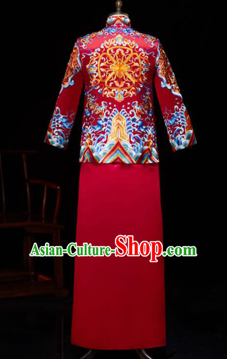 Chinese Ancient Bridegroom Embroidered Wave Dragon Red Mandarin Jacket and Gown Traditional Wedding Tang Suit Costumes for Men
