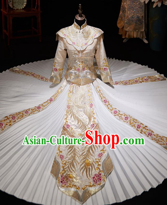 Chinese Ancient Embroidered Phoenix Peony Light Golden Blouse and Dress Traditional Bride Xiu He Suit Wedding Costumes for Women