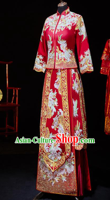 Chinese Ancient Bride Embroidered Diamante Blouse and Dress Xiu He Suit Wedding Costumes Traditional Red Bottom Drawer for Women