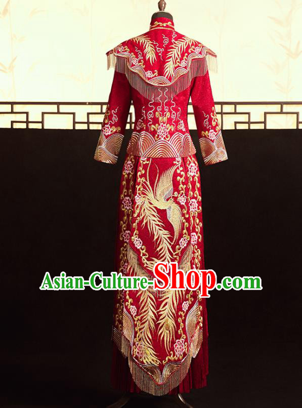 Chinese Ancient Bride Embroidered Phoenix Peony Blouse and Dress Xiu He Suit Wedding Costumes Traditional Red Bottom Drawer for Women