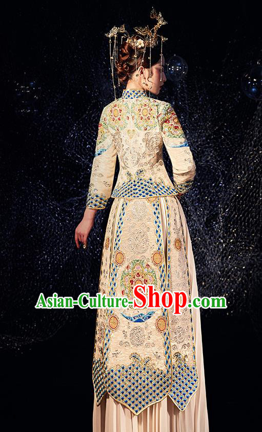 Chinese Ancient Wedding Embroidered Diamante Peony Golden Blouse and Dress Traditional Bride Xiu He Suit Costumes for Women