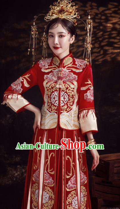 Chinese Ancient Bride Embroidered Diamante Peony Red Xiu He Suit Wedding Costumes Blouse and Dress Traditional Bottom Drawer for Women