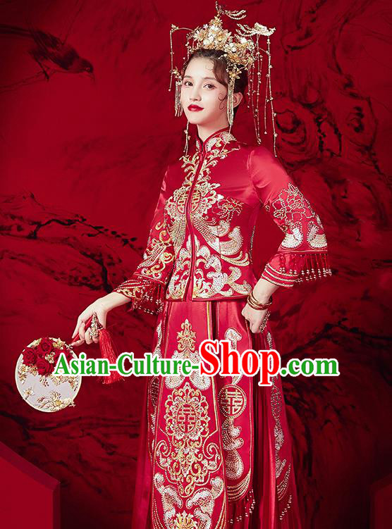 Chinese Ancient Embroidered Red Blouse and Dress Traditional Bride Red Xiu He Suit Wedding Costumes for Women