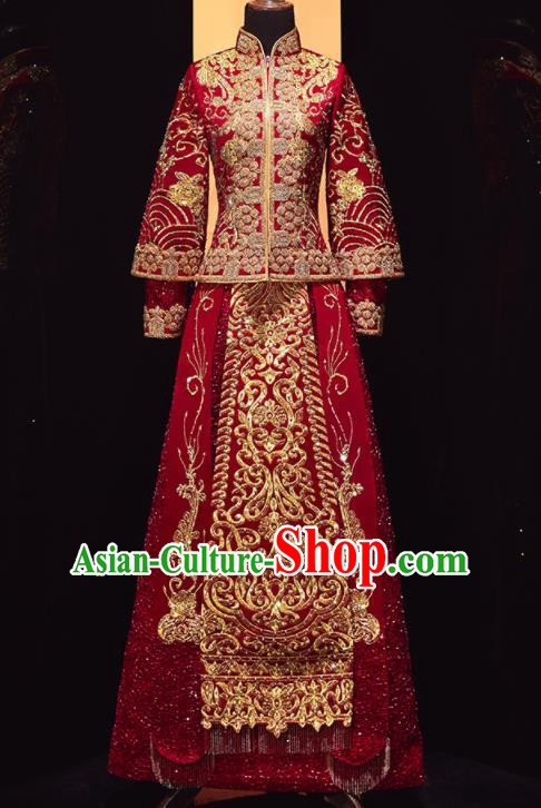 Chinese Traditional Drilling Red Xiu He Suit Wedding Embroidered Blouse and Dress Bottom Drawer Ancient Bride Costumes for Women