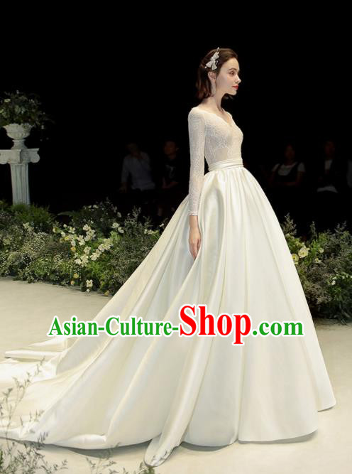 Custom Top Grade White Satin Wedding Dress Bride Trailing Full Dress for Women