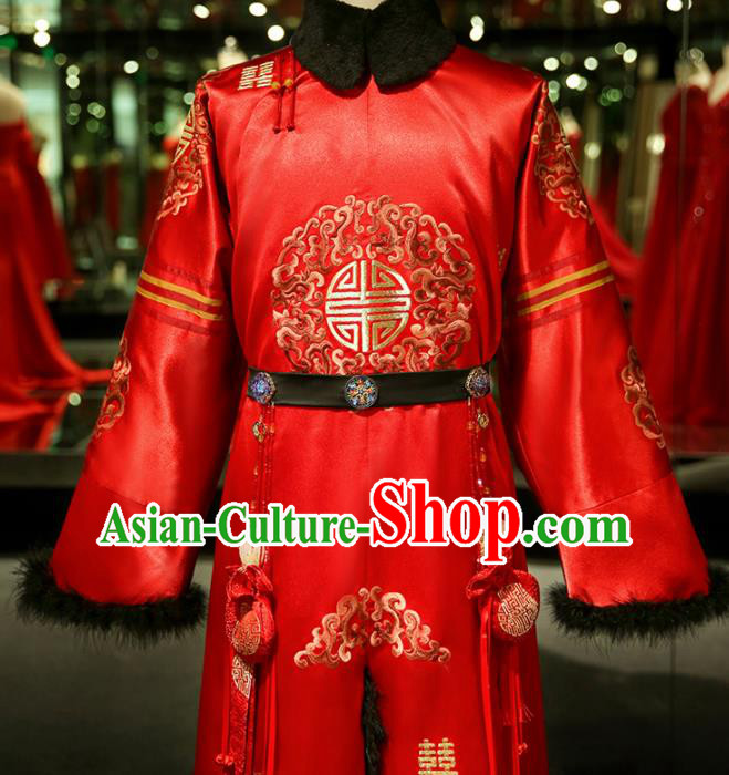 Chinese Ancient Bridegroom Embroidered Red Mandarin Gown Traditional Wedding Tang Suit Costumes for Men